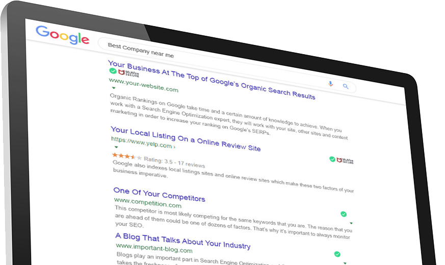 Search Engine Results Page (SERP) to show expert SEO results for small businesses. Best Company near me. Your Business At The Top of Google’s Organic Search Results. Organic Rankings on Google take time and a certain amount of knowledge to achieve. When you work with a Search Engine Optimization expert, they will work with your site, other sites and content marketing in order to increase your ranking on Google’s SERPs. Your Local Listing On a Online Review Site. Google also indexes local listings sites and online review sites which make these two factors of your business imperative. This competitor is most likely competing for the same keywords that you are. The reason that you are ahead of them could be one of dozens of factors. That’s why it’s important to always monitor your SEO. A Blog That Talks About Your Industry. Blogs play an important part in Search Engine Optimization and Organic Ranking since Google takes the freshness of your content marketing into consideration. It makes sense since they are trying to make sure their users are getting the best, most up-to-date and relevant information. See something different about this listing? This competition has optimized their site very well for search engines using a mark-up language that will provide additional links in their search results. Fortunately for you, 34% of people will click on the very first organic search result, however most never leave the first page. So although this competitor is far down, they will still be considered.