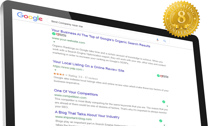 Las Vegas SEO Experts, Better Google Rankings search engine results page example - 8 Year Anniversary Badge