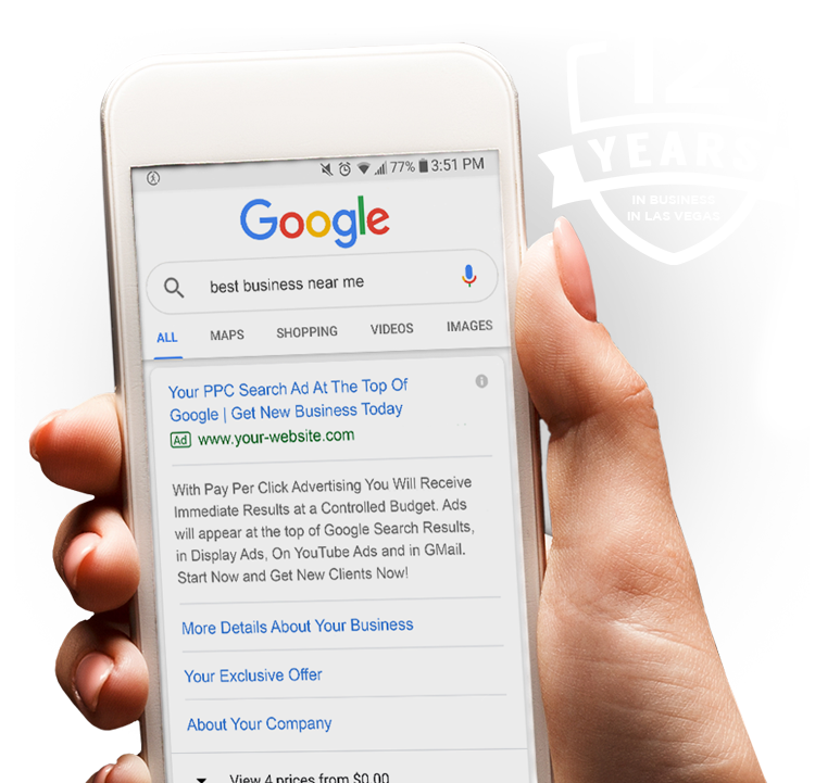 PPC results on cell phone example - 8 year anniversary badge