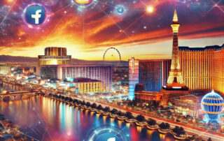 The image has a vibrant Las Vegas skyline at sunset, with bright lights and recognizable landmarks like the Stratosphere Tower. In the foreground, there's a collage of social media icons (like Facebook, Instagram, and Twitter) with dynamic lines connecting them, symbolizing the network of social media. The overall mood is energetic and modern, reflecting the bustling energy of Las Vegas.