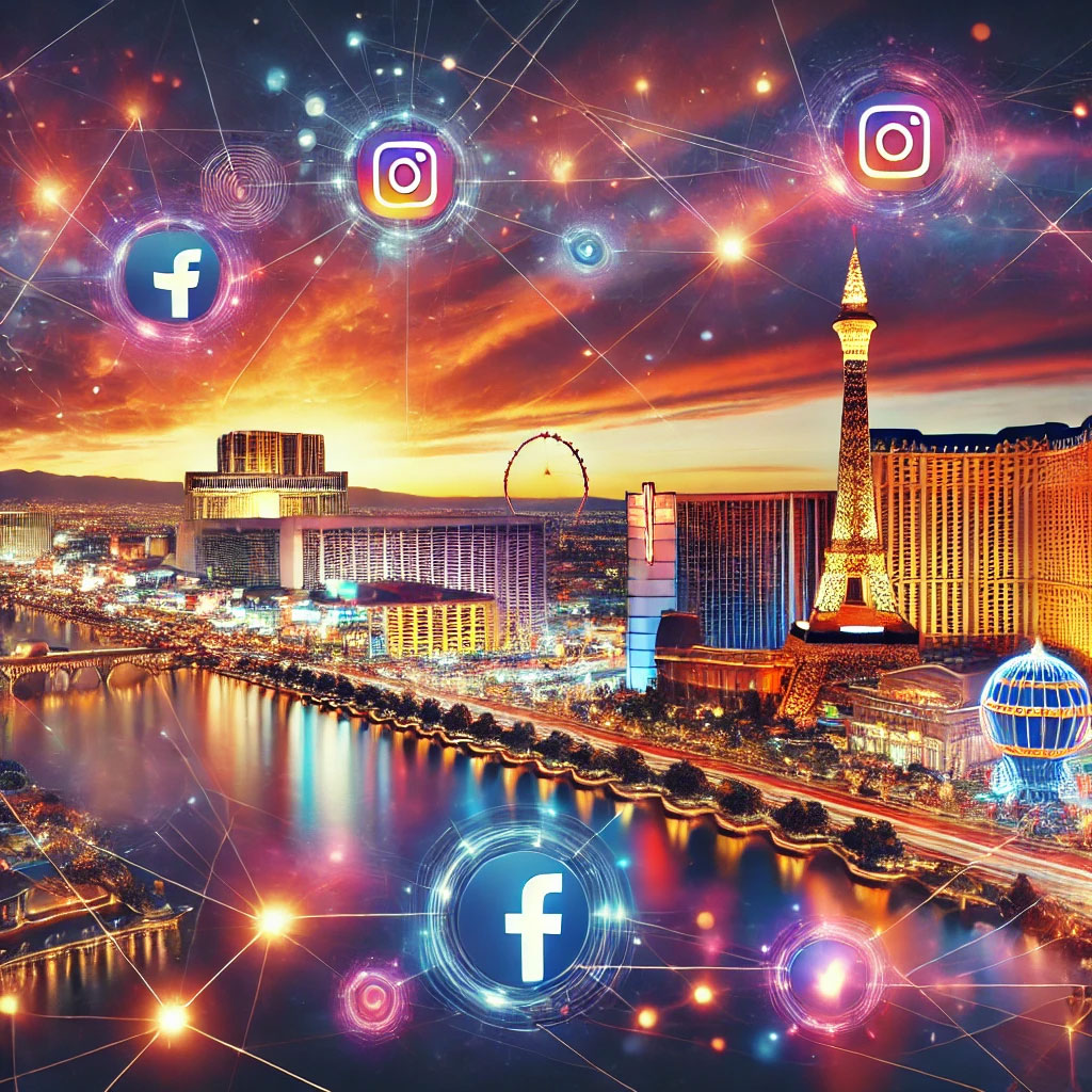 The image has a vibrant Las Vegas skyline at sunset, with bright lights and recognizable landmarks like the Stratosphere Tower. In the foreground, there's a collage of social media icons (like Facebook, Instagram, and Twitter) with dynamic lines connecting them, symbolizing the network of social media. The overall mood is energetic and modern, reflecting the bustling energy of Las Vegas.