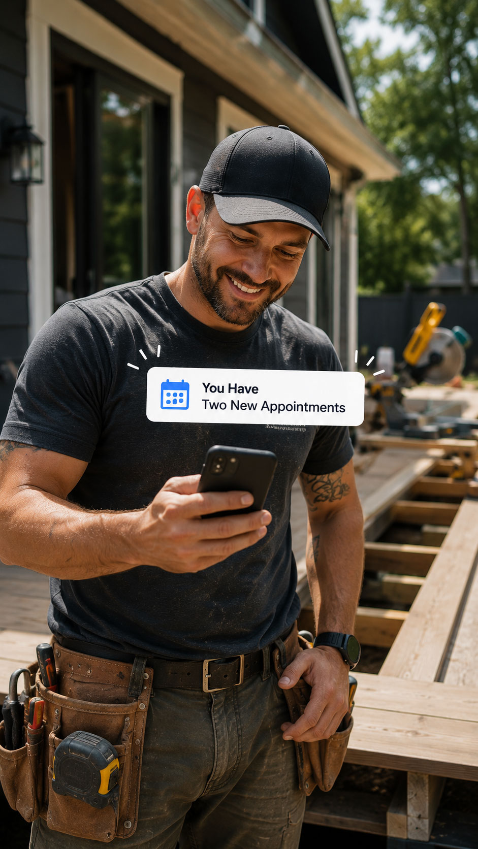 contractor looking at phone which is saying he has two new appointments.