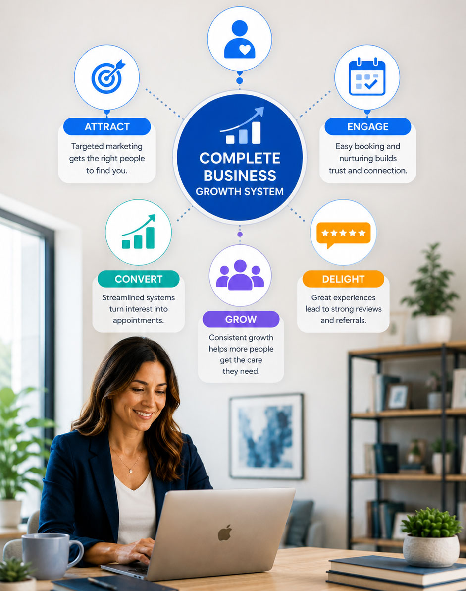 Business owner working on laptop with a complete business growth system dashboard showing marketing, engagement, conversion, and customer growth strategies in a modern office environment.