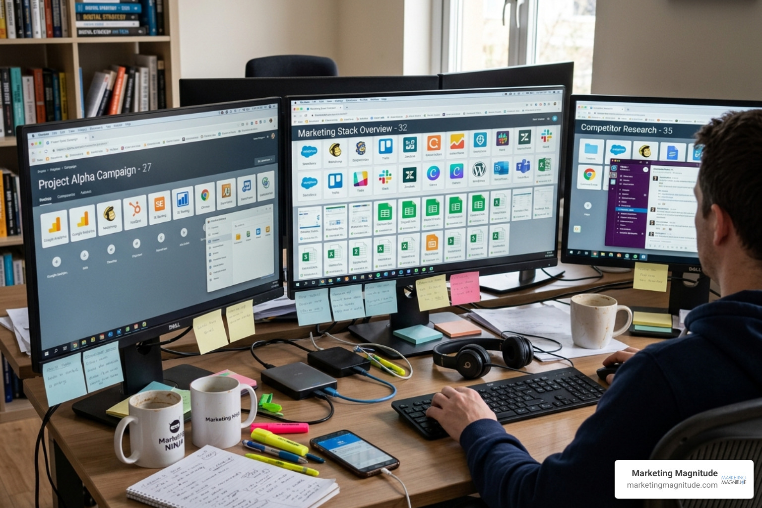 cluttered digital workspace with dozens of open browser tabs and SaaS tool icons - “We Replaced 6 Marketing Tools With One