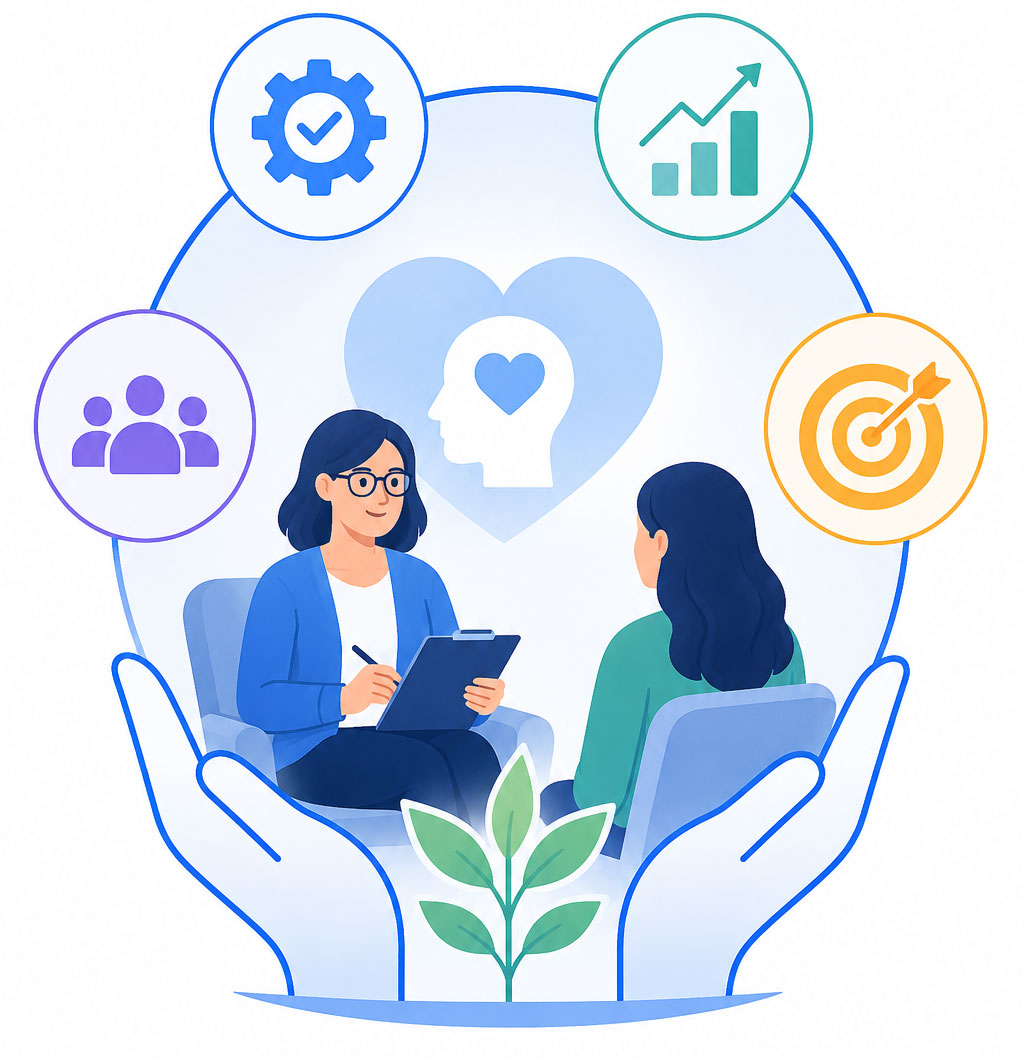 A therapist with a patient and her marketing is working in the background.