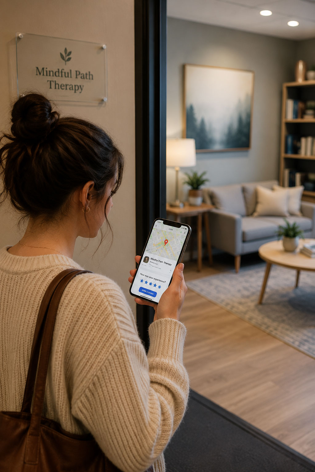 a vertical realistic photo of a woman looking at her phone as she walks into her therapy appointment. You can see on the phone that she is looking on Google maps for directions and she is thinking about leaving a review