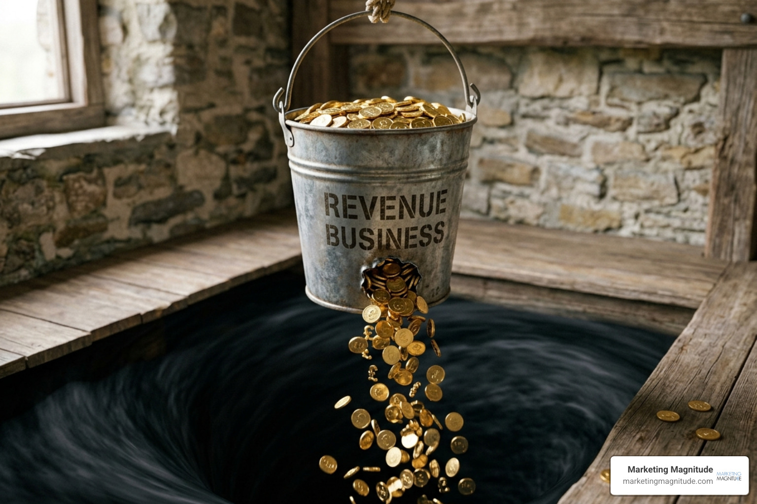leaky bucket draining gold coins - “The Hidden Leaks in Your Business That No Marketing Agency Talks About” Focus on