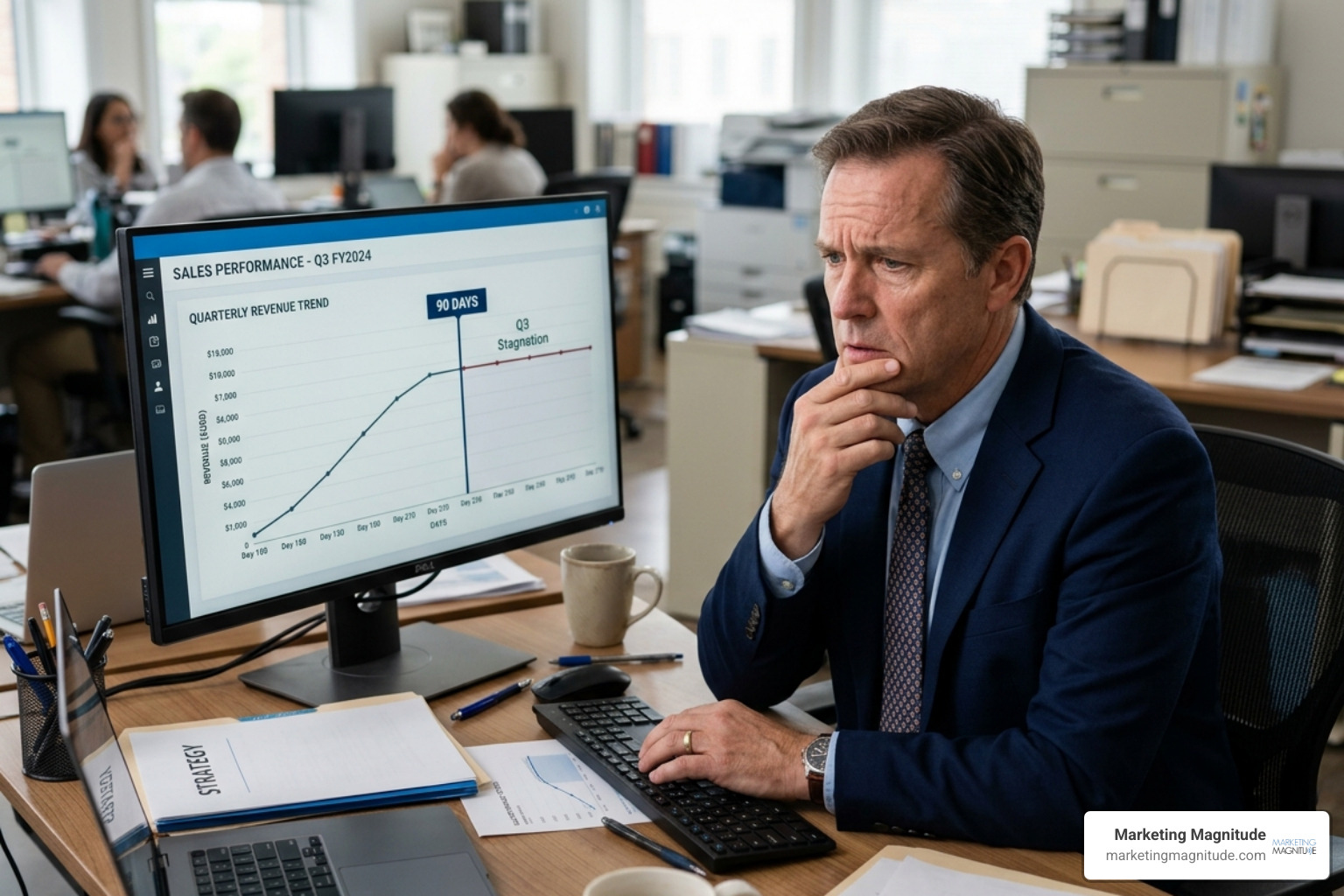 the-ultimate-guide-to-why-most-seo-agencies-fail-in-the-first-90-days-image business owner looking at flat line graph on monitor, 90-day mark, concern - “Why Most SEO Agencies Fail in the First 90