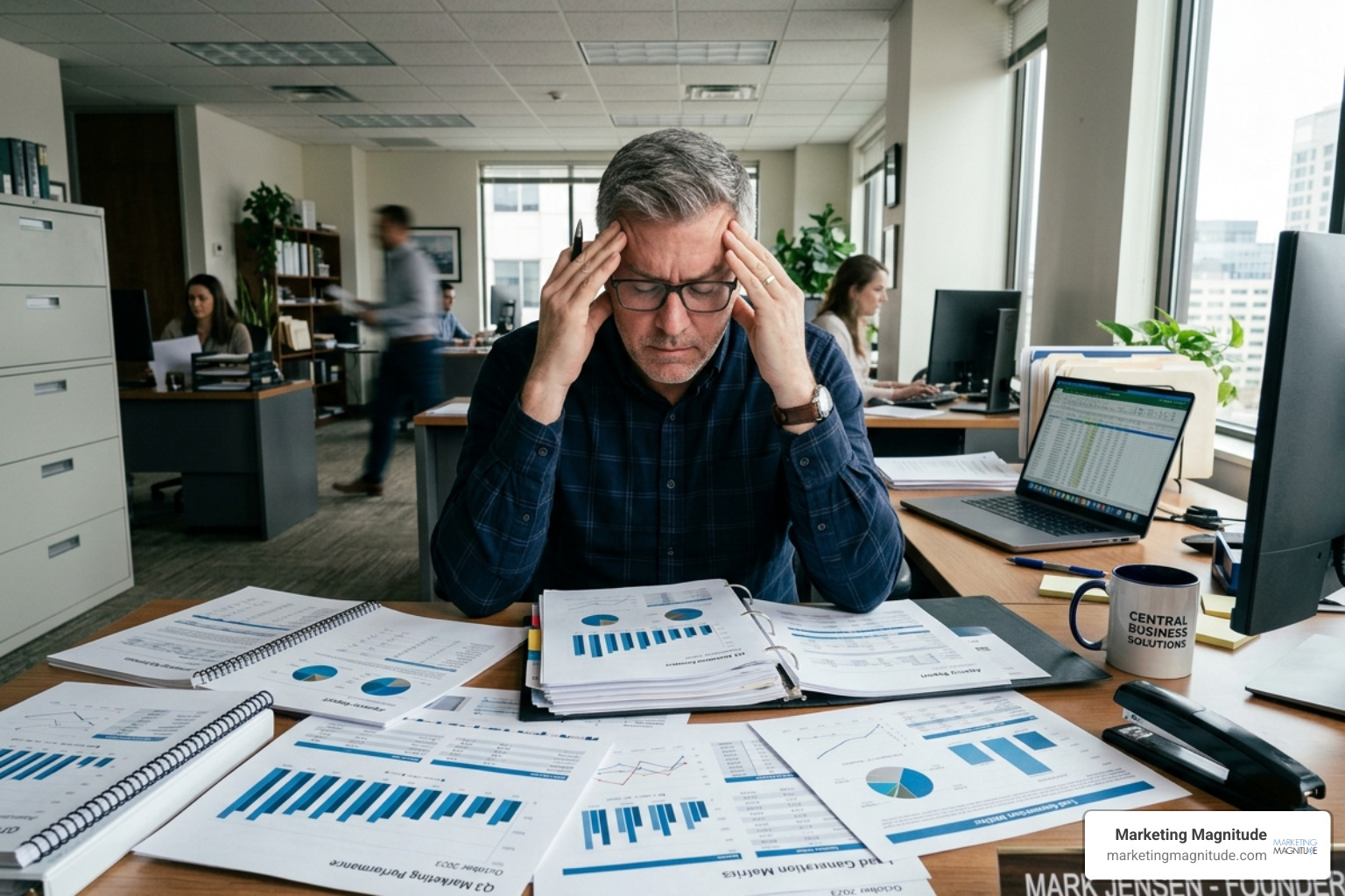 frustrated business owner reviewing marketing reports at desk with agency reports - “Why Business Owners Feel Burned by