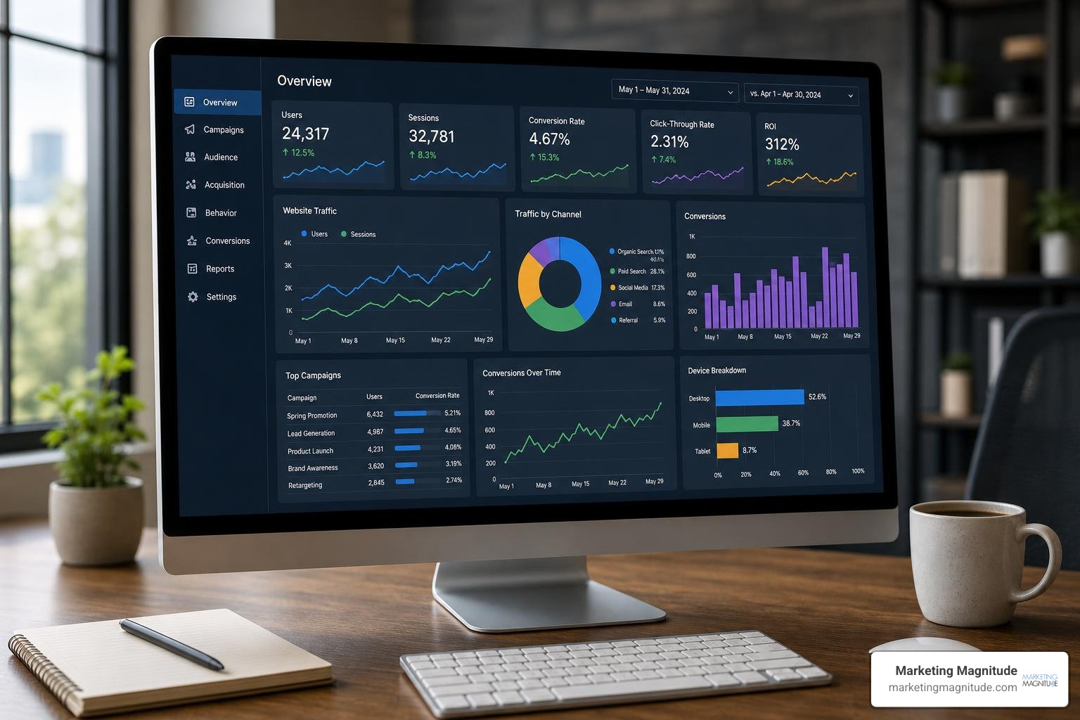 analysis digital marketing dashboard with data visualizations and KPIs