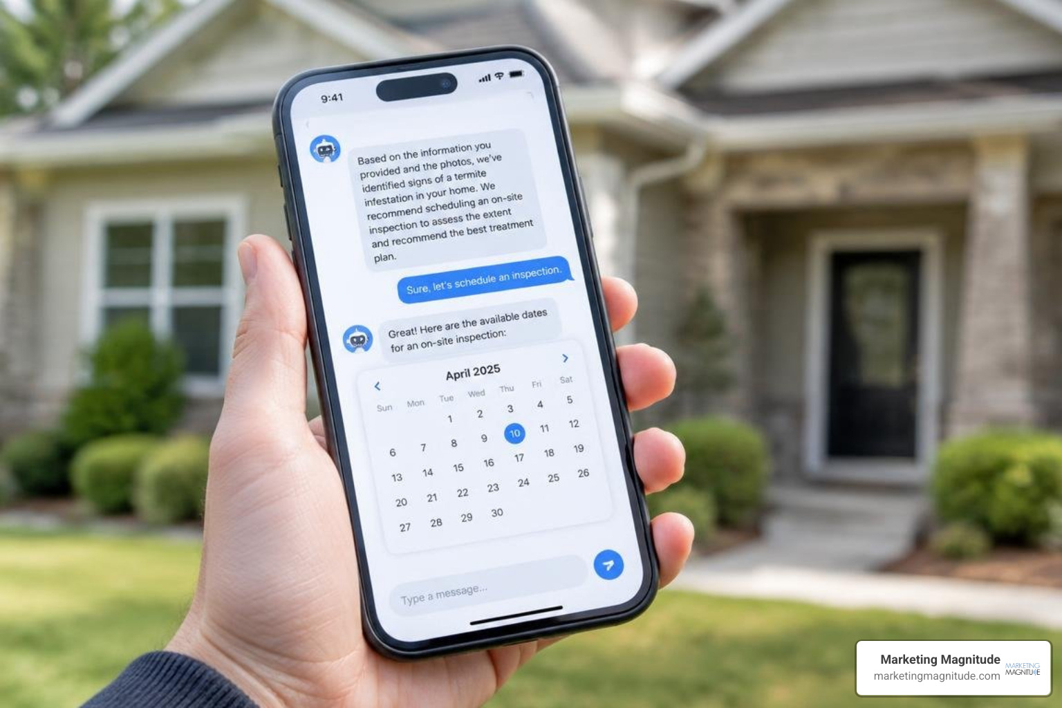 a-practical-guide-to-growing-revenue-with-ai-for-pest-control-image AI conversational booking interface identifying pest infestation and booking an on-site inspection