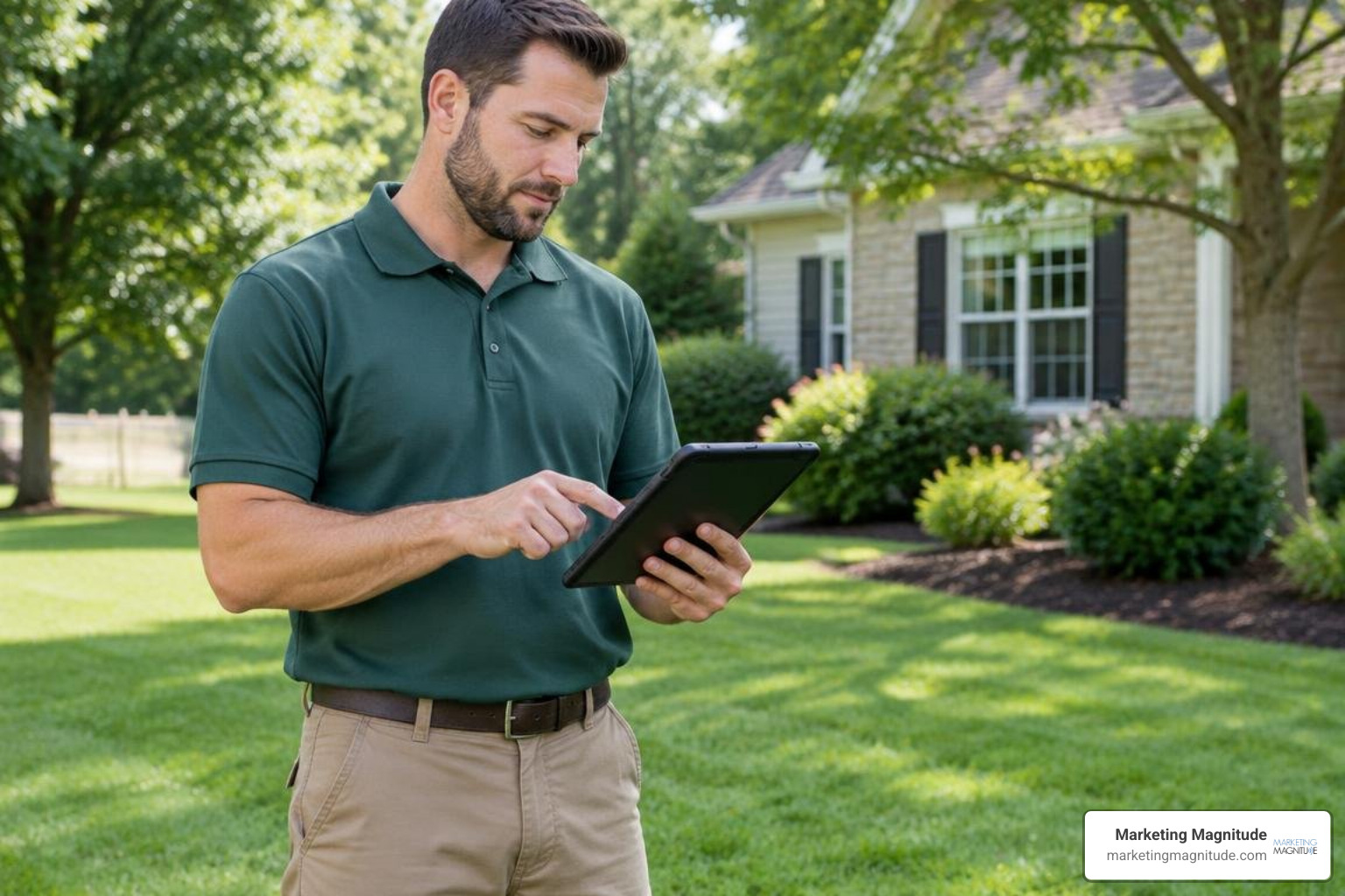 a-quick-start-guide-to-landscaping-marketing-from-your-database-image modern landscaping contractor reviewing client property data on a digital tablet outdoors