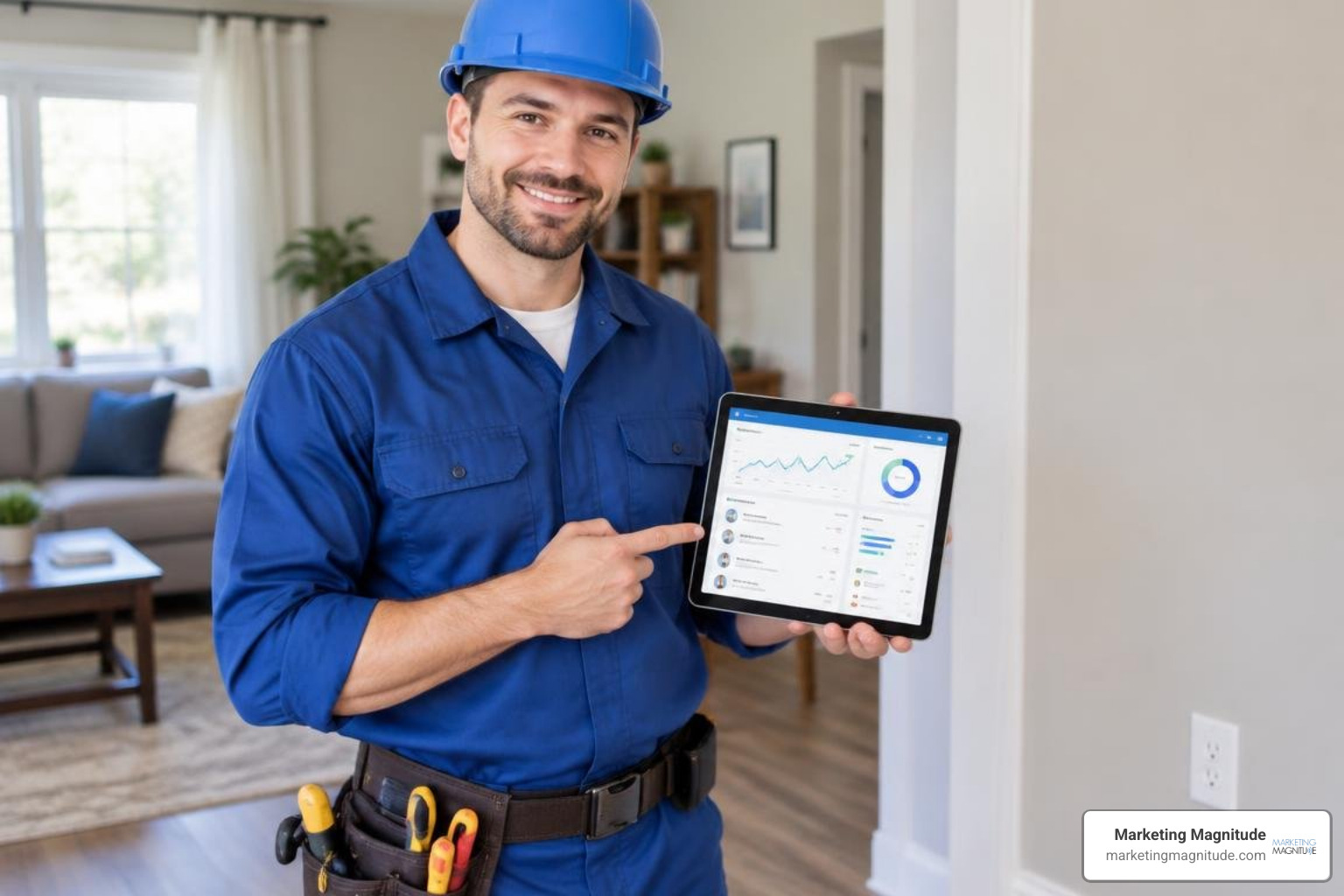 electrician-marketing-automation-guide-2026-image modern electrician using tablet with automated CRM dashboard on service call
