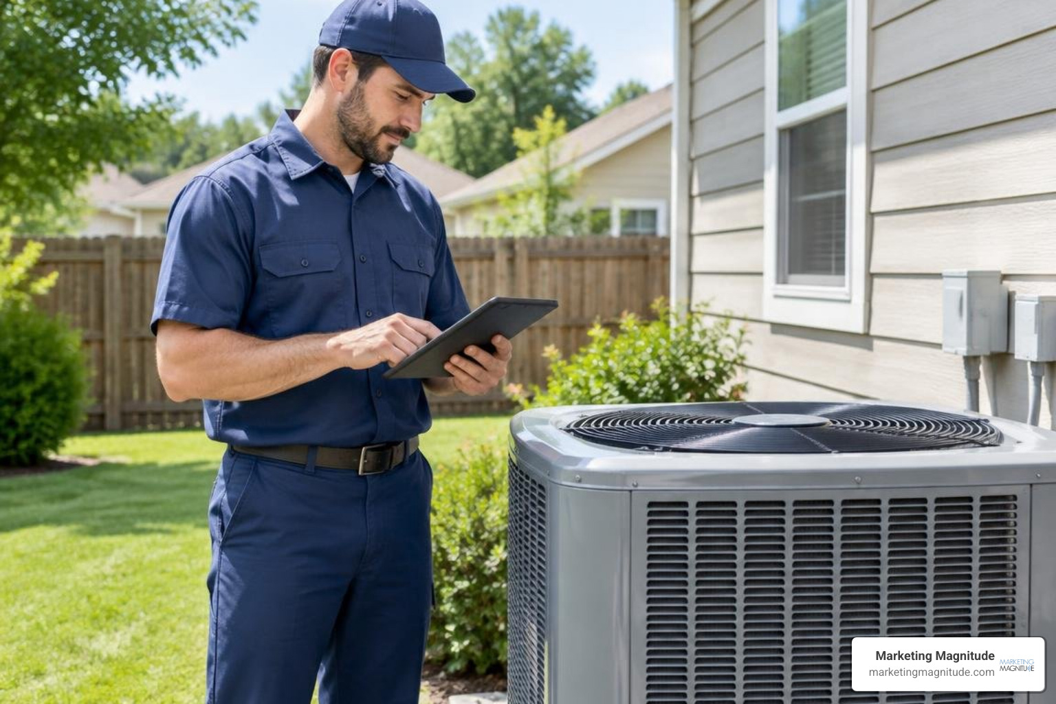 HVAC technician using a tablet beside a residential air conditioner