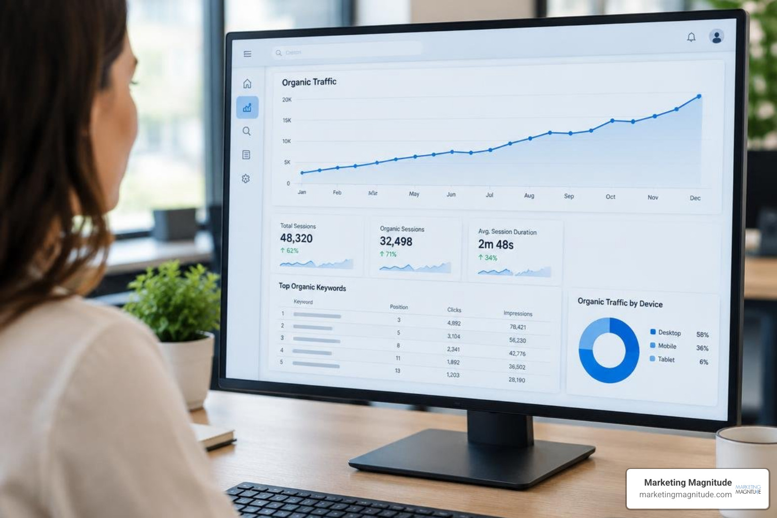 smarter-content-that-drives-measurable-organic-traffic-growth-image photorealistic organic search analytics dashboard showing traffic growth