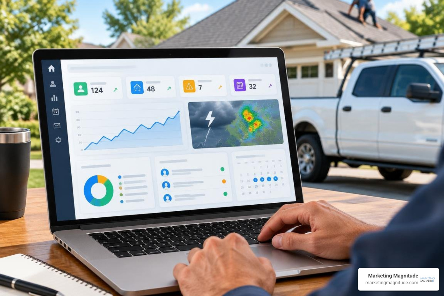 digital marketing dashboard and CRM interface for roofing contractors