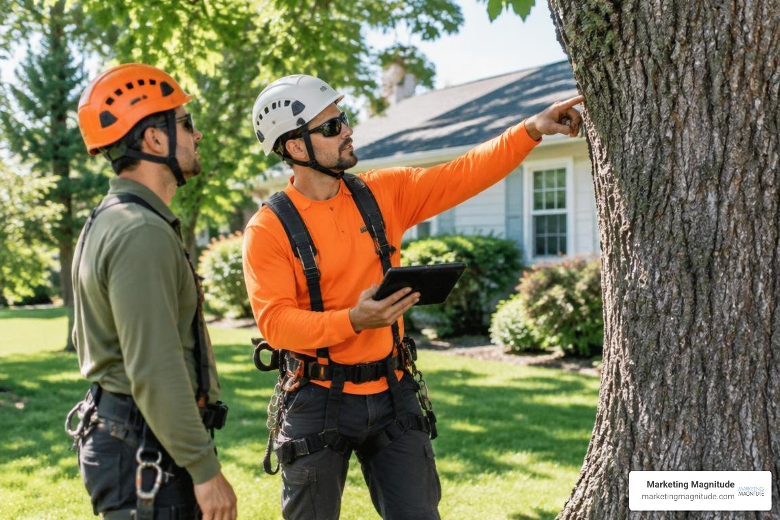 the-complete-guide-to-next-level-digital-marketing-for-tree-services-image Arborist crew using a tablet beside a tree