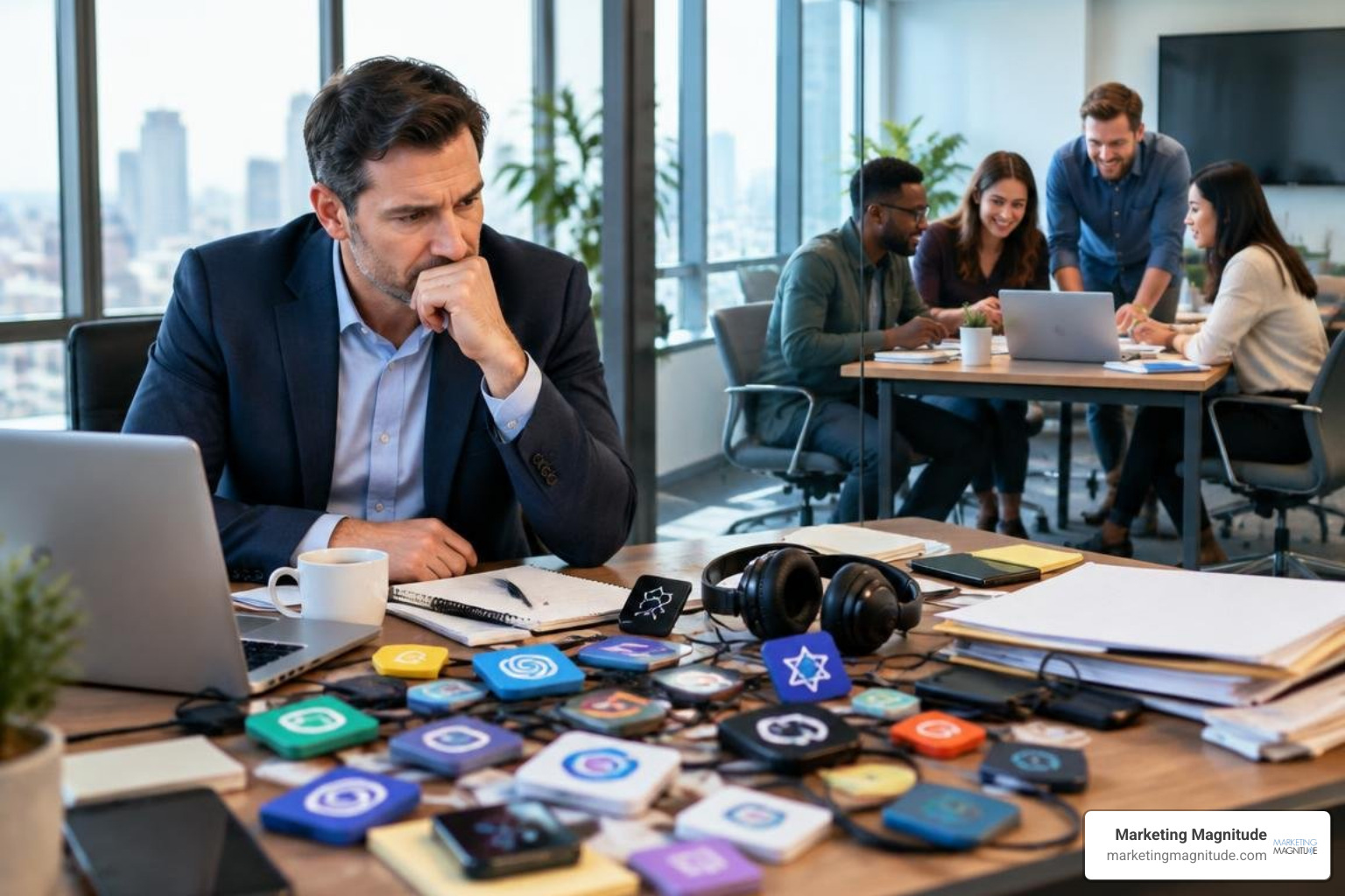 the-ultimate-guide-to-agency-vs-ai-tools-for-marketing-image business executive comparing fragmented AI tools against an integrated digital marketing team